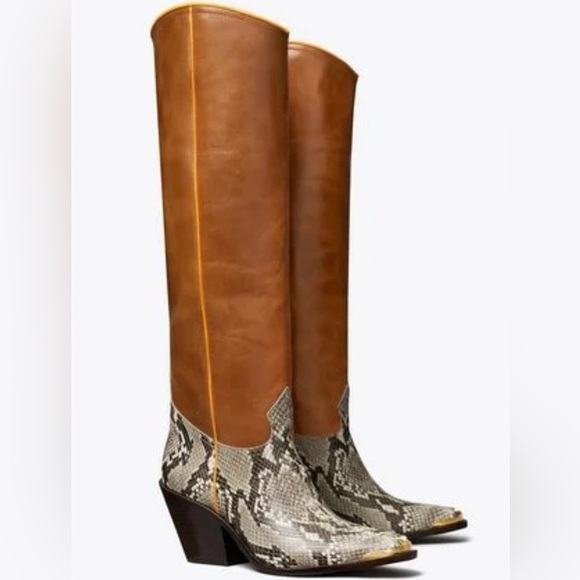 Tory Burch Shoes - Tory Burch WESTERN KNEE HIGH PULL ON BROWN /
SNAKE Leather Boots 36.5 RARE